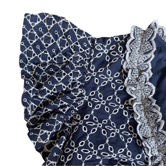 Express Printed Lace Trim Eyelet Navy Blue Belted Faux Wrap Dress Size S - Picture 5 of 11